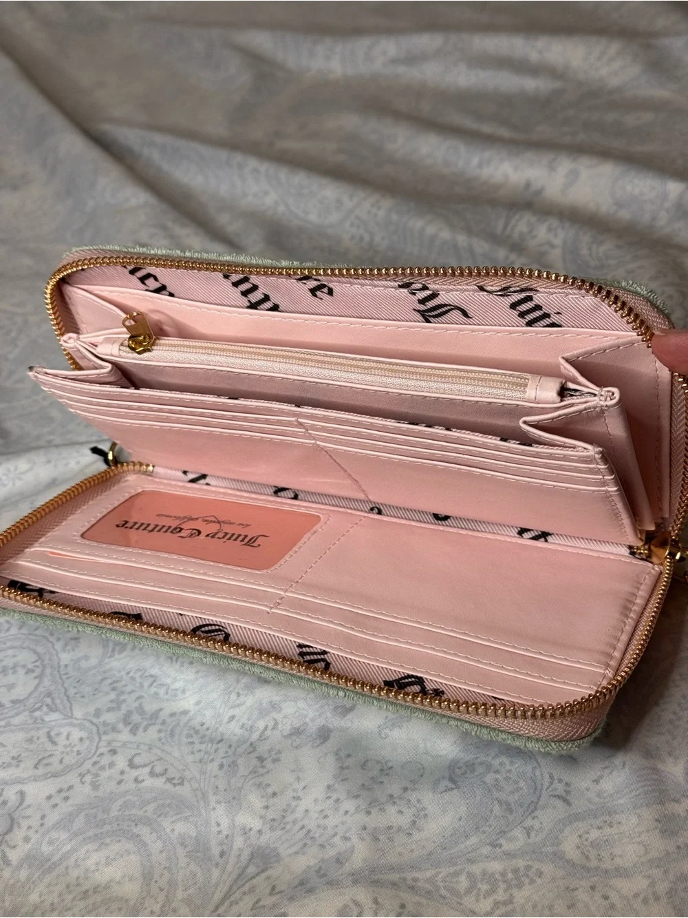 Juicy Couture Soft Terrycloth Mint with Pink Embroidered Logo Wristlet Wallet